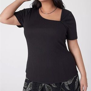 NWOT LANE BRYANT Asymmetrical Neck Short Sleeve Black Fitted Ribbed Top 18 - 20
